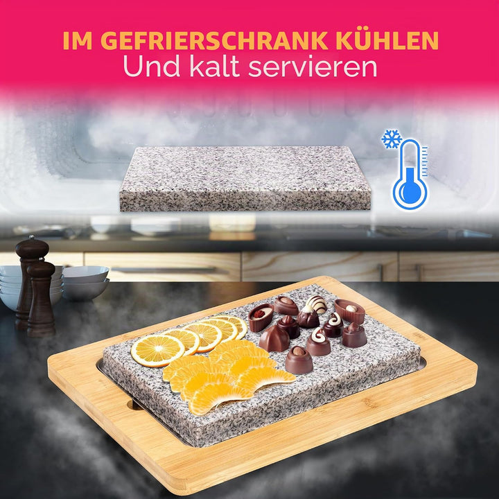 NutriChef Granitstein Grillplatte 38x27cm – Teppanyaki Tischgrill mit Bambusplatte, Antihaft, 290°C,
