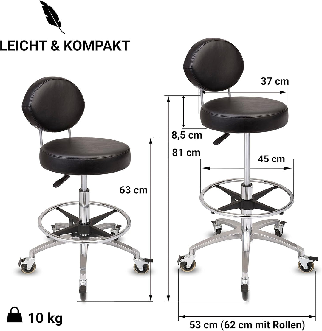 Staboos Rollhocker bis 160 kg - Premium Sitz rund mit Lehne und Fussstütze - Praxishocker (Premium R