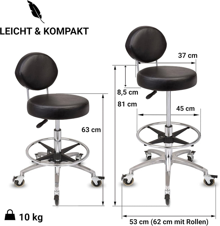 Staboos Rollhocker bis 160 kg - Premium Sitz rund mit Lehne und Fussstütze - Praxishocker (Premium R