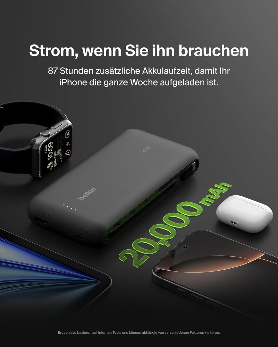Belkin Portable Powerbank zum Schnellladen mit integriertem Kabel 20K PD 30 W, USB-C Power Delivery,