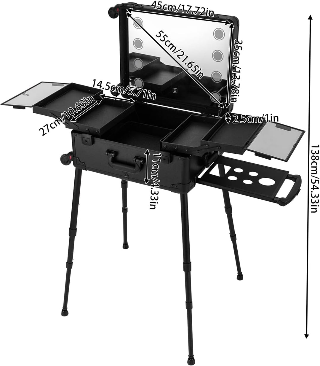 Profi Kosmetikkoffer Trolley, Multifunktional Schminkkoffer, Make Up Koffer mit Spiegel und LED Lich