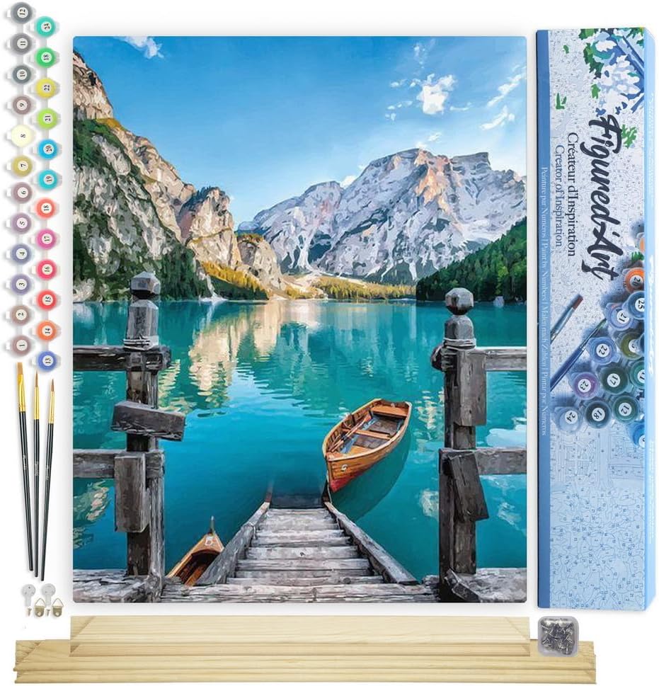 Figured'Art Malen Nach Zahlen Erwachsene Mit Rahmen Boot auf einem Bergsee - Paint by Numbers Bastel