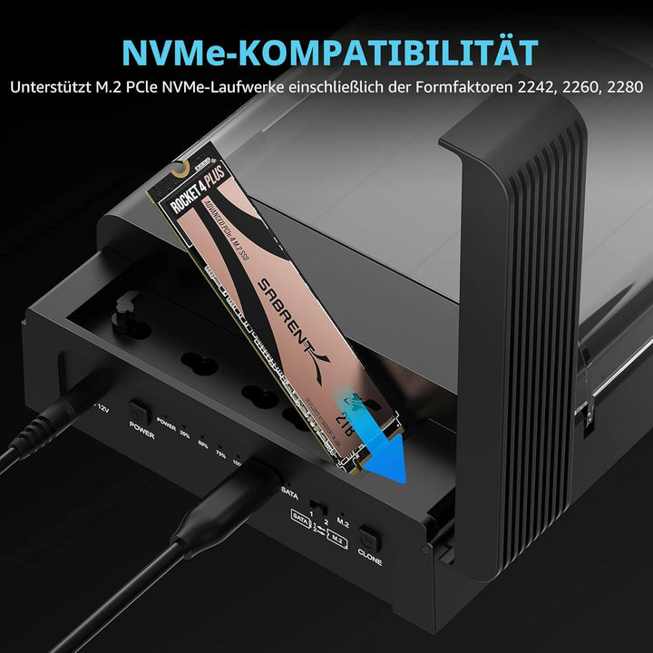 SABRENT USB Type-C Lay Flat Docking Station für M.2 PCIe NVMe + SATA 2,5 Zoll / 3,5 Zoll SSD & HDD m