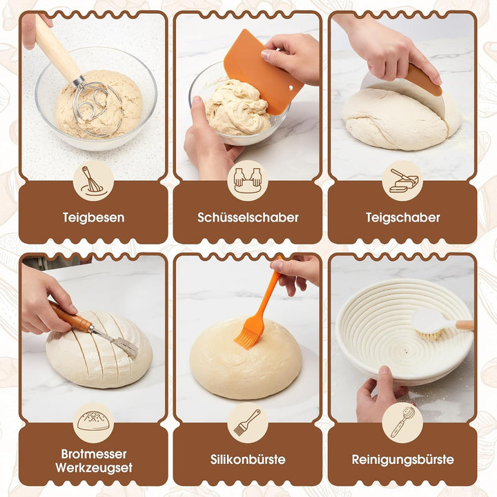 VIcus Sauerteig Starter Set, Gärkörbchen Rund & Oval, Brotbackzubehör Für Sauerteigbrot, Komplettes