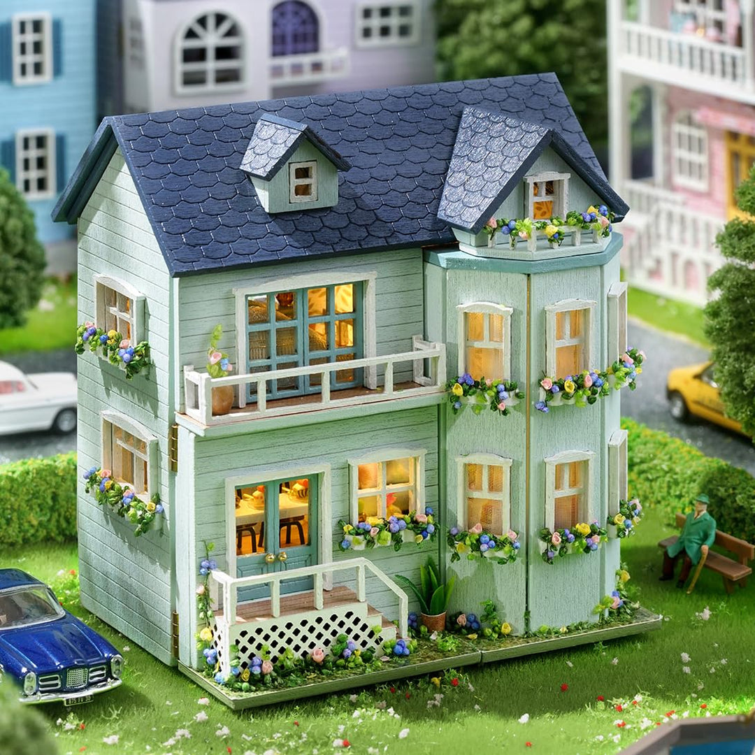 CUTEROOM Miniatur Haus, DIY Puppenhaus Set aus Holz, Mini Hausbau-Set mit Möbeln und LED Licht, Gebu