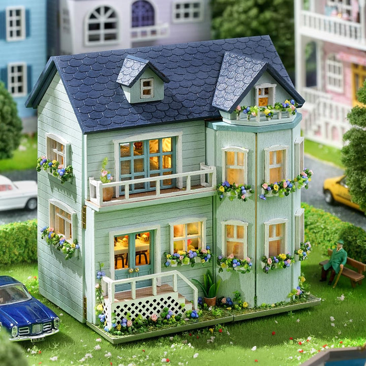 CUTEROOM Miniatur Haus, DIY Puppenhaus Set aus Holz, Mini Hausbau-Set mit Möbeln und LED Licht, Gebu