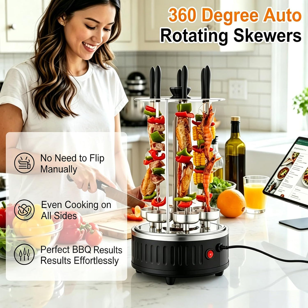 Vertikaler Elektrogrill, 1000W Vertikalgrill Dönergrill mit 6 Spiesse | Elektrischer BBQ Tischgrill