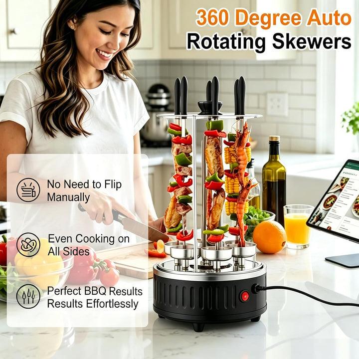 Vertikaler Elektrogrill, 1000W Vertikalgrill Dönergrill mit 6 Spiesse | Elektrischer BBQ Tischgrill