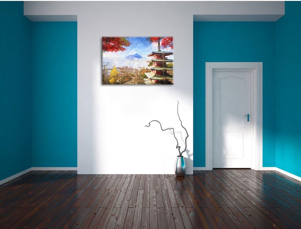 Pixxprint Japanischer Tempel im Herbst Pinsel Effekt, Format: 100x70 auf Leinwand, 100x70