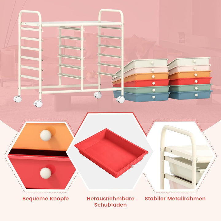 COSTWAY Rollwagen mit 12 stapelbaren Schubladen, Schubladenwagen Rollcontainer mit Metallgestell & A
