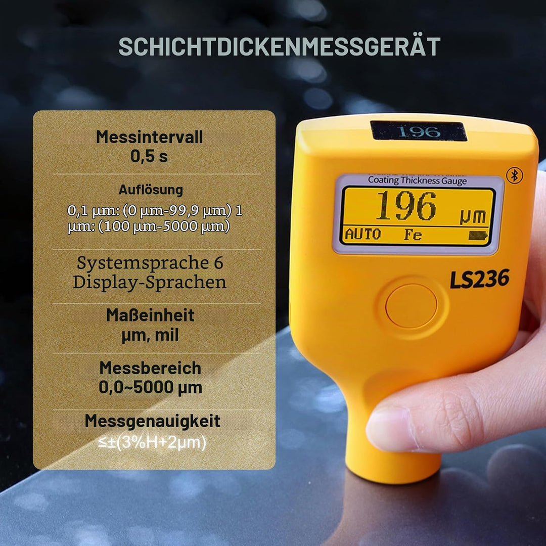 Lackmessgerät Auto, Digitales Lackschichtdickenmessgerät T7-LS-236, Dickenmessgerät mit APP, 0.0~500