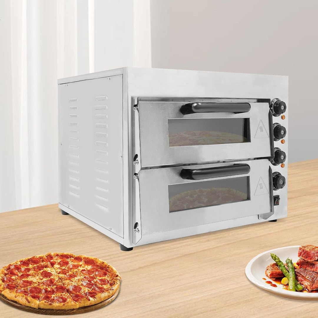 2-Etagen Pizza-Ofen 3000W Elektrischer Pizzaofen Edelstahl Elektrisch Gastro Steinbackofen mit Hands