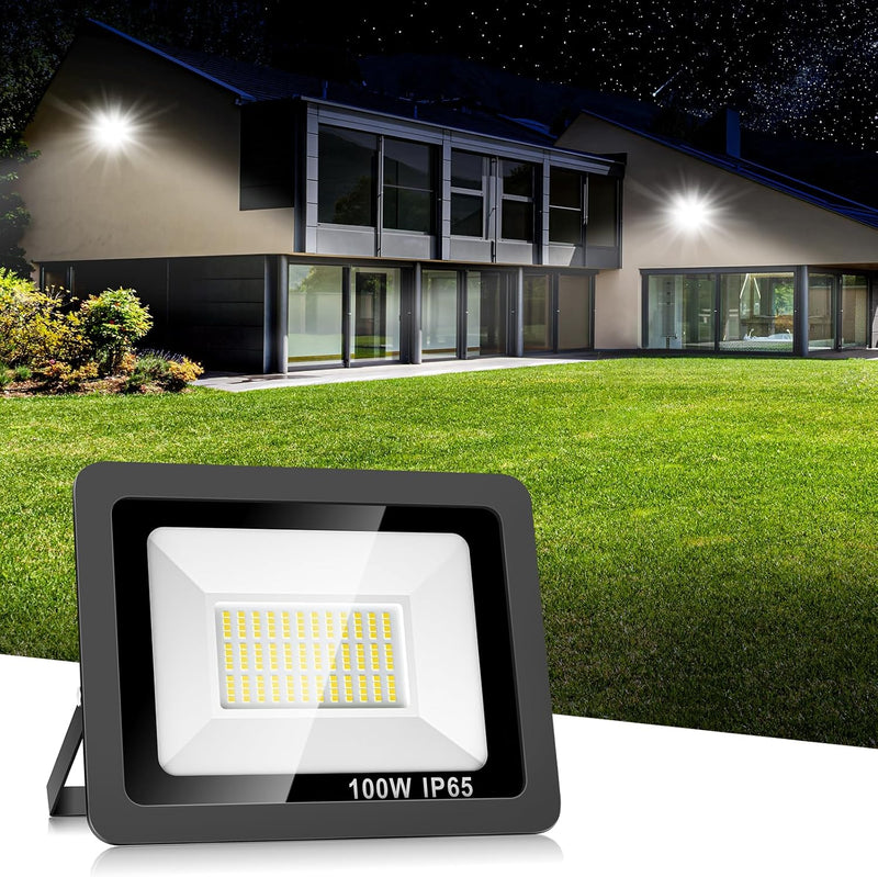 Realky 100W LED Strahler Aussen, 10000LM LED Fluter 144LEDs Aussenstrahler IP65 Wasserfest Scheiwerf