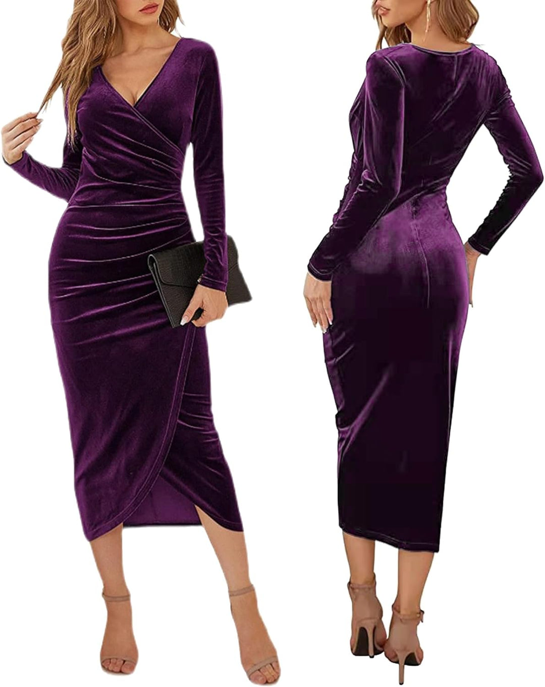 Yutdeng Winterkleid Damen Elegant Samtkleid Lang Abendkleid V-Ausschnitt Partykleid Bodycon Cocktail