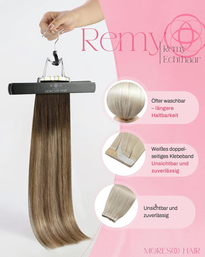 Moresoo Nahtlose Tape in Extensions Echthaar Braun Haarverlängerung Echthaar Tapes Dunkelbraun bis G