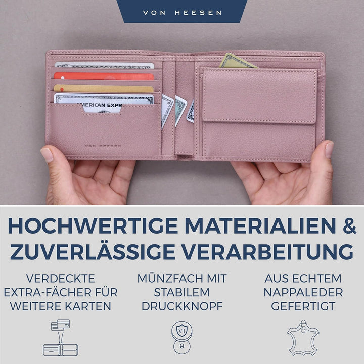 VON HEESEN Leder Geldbörse RFID Schutz I Echtleder Geldbeutel für Damen & Herren I Portemonnaie Brie