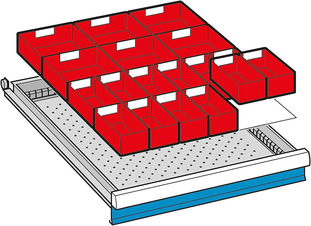 LISTA Einsatzkästen, Fronthöhe 75 mm, 16 kästen 150x75 mm, 7 kästen 150x150 mm, Schubladennutzgrösse