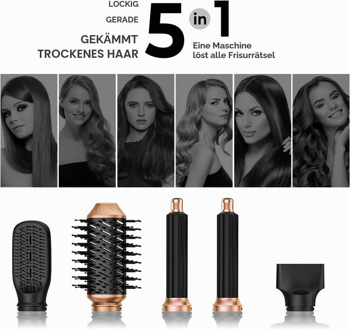 UKLISS Haarstyler 5 in 1, Warmluftbürste Set mit Rundbürstenföhn Airflow Lockenstab Automatisch Ther