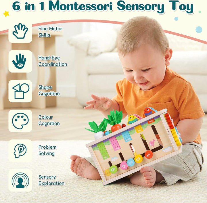 LZDMY Montessori Spielzeug Baby ab 6 Monate, 6-in-1 Tücherbox mit Knistertuch, Motorikwürfel Holzspi