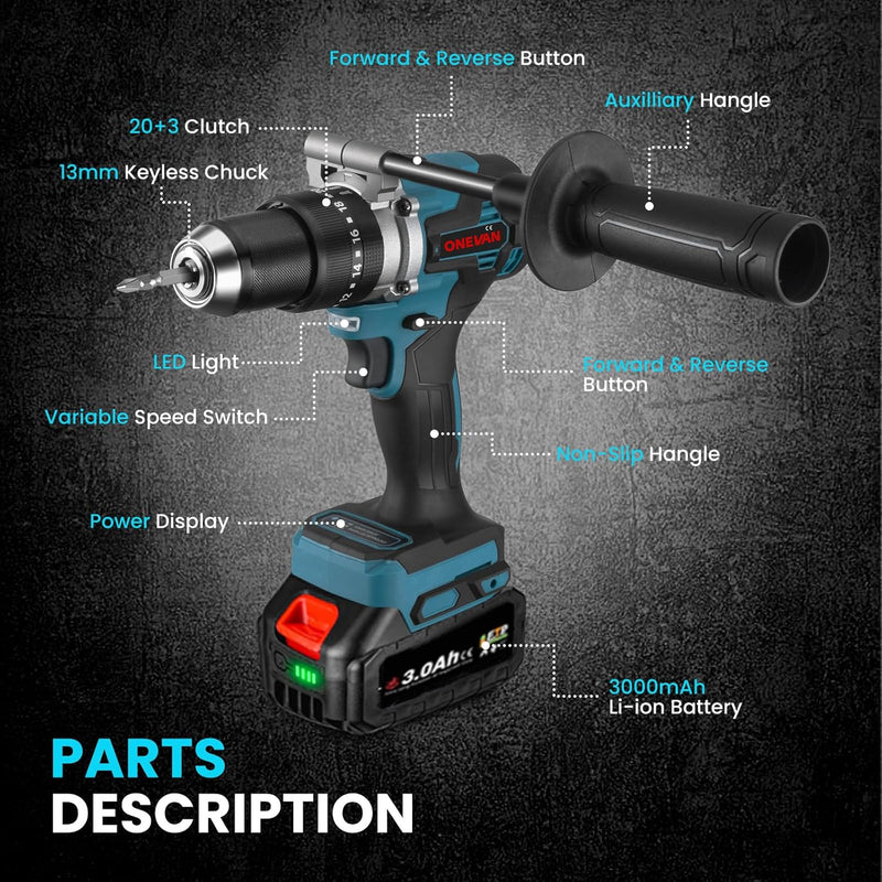 ONEVAN Akkubohrer 18V, Akku Bohrmaschine mit 2 Akkus, Bürstenlos 3 in 1 Akkuschrauber Akku Schlagboh