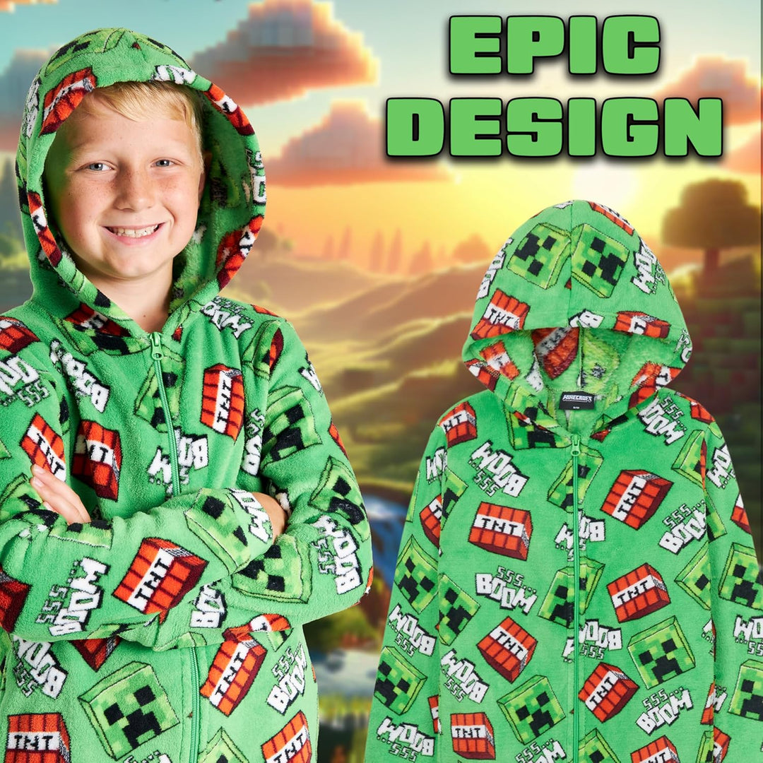 Minecraft Onesie Creeper Fleece Jumpsuit Sleepsuit Gamer Geschenk Schlafoverall mit Kapuze für Junge