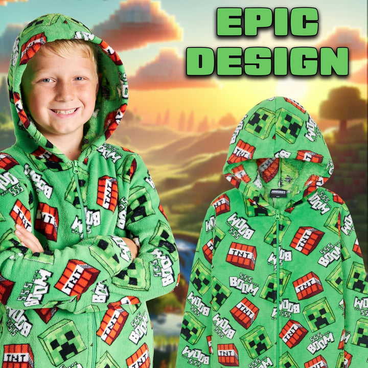 Minecraft Onesie Creeper Fleece Jumpsuit Sleepsuit Gamer Geschenk Schlafoverall mit Kapuze für Junge