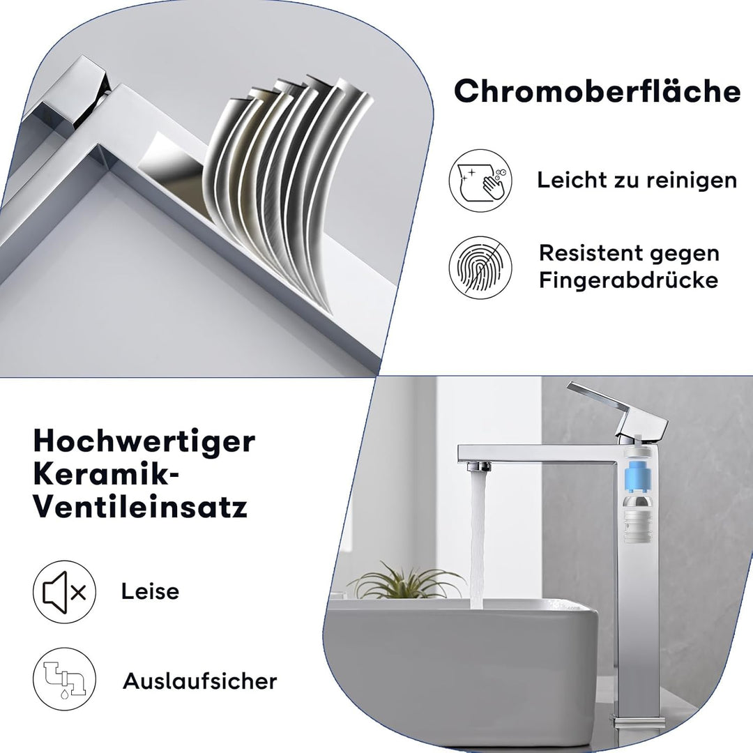 Wasserhahn Bad, BuntHaus Waschtischarmatur Hoch Waschbecken Armaturen in Edelstahl, Auslaufhöhe für