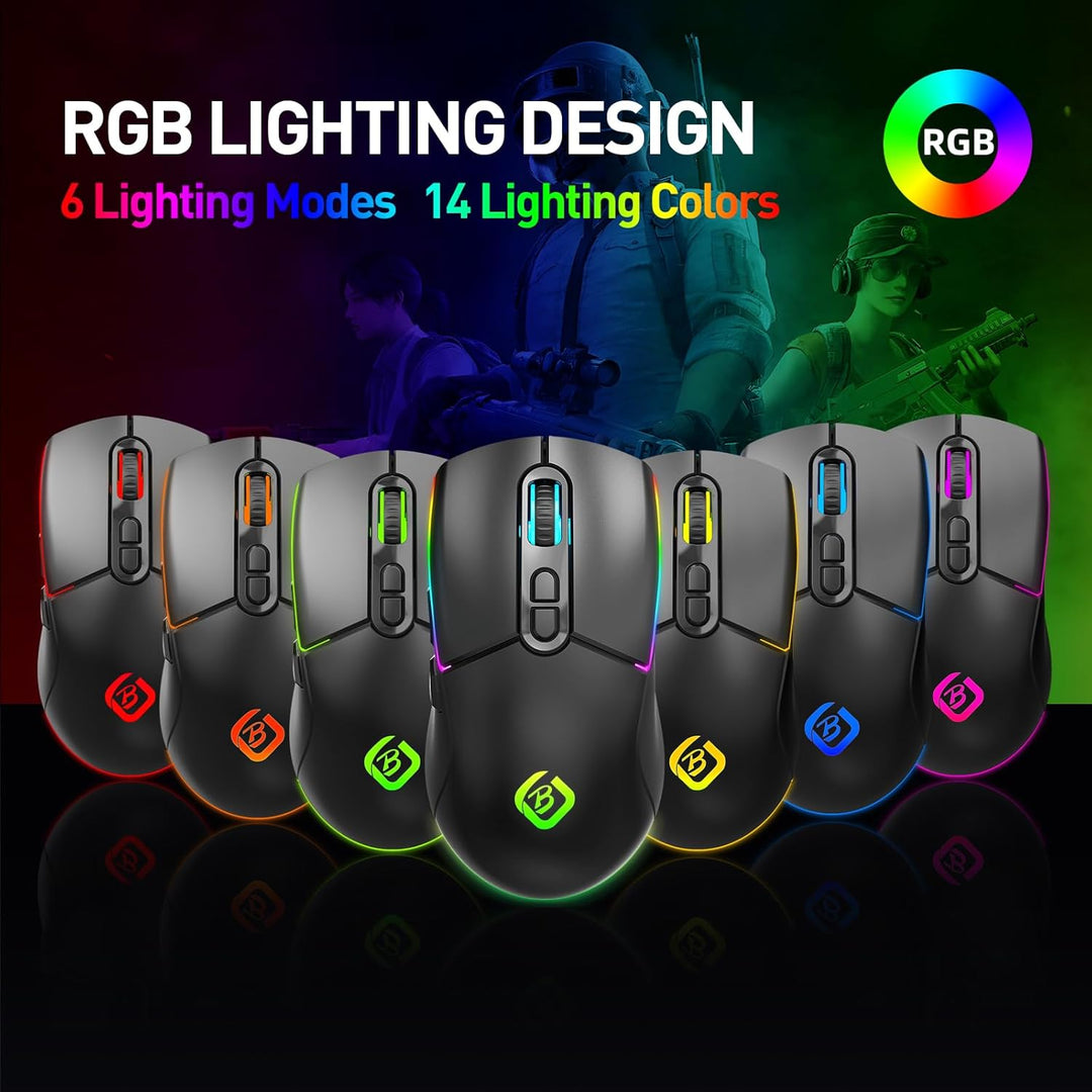 Kabellose Gaming Maus, Dual Mode 2.4GHz/Bluetooth 5.1 Maus Gaming, RGB LED Hintergrundbeleuchtung, E