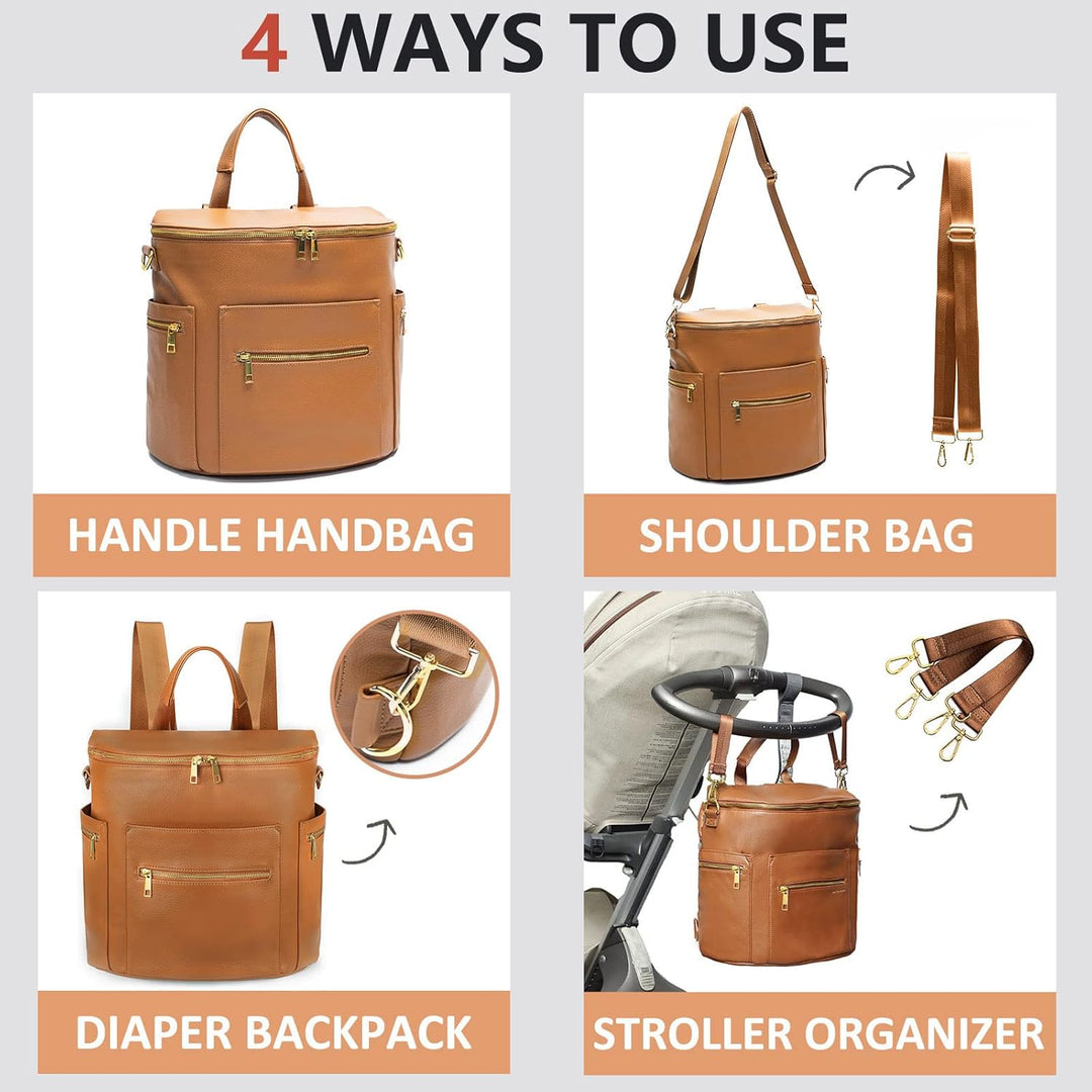 Wickeltasche aus Leder, Wickelrucksack mit Laptophülle, Wickelunterlage, Feuchttüchern, Kinderwageng