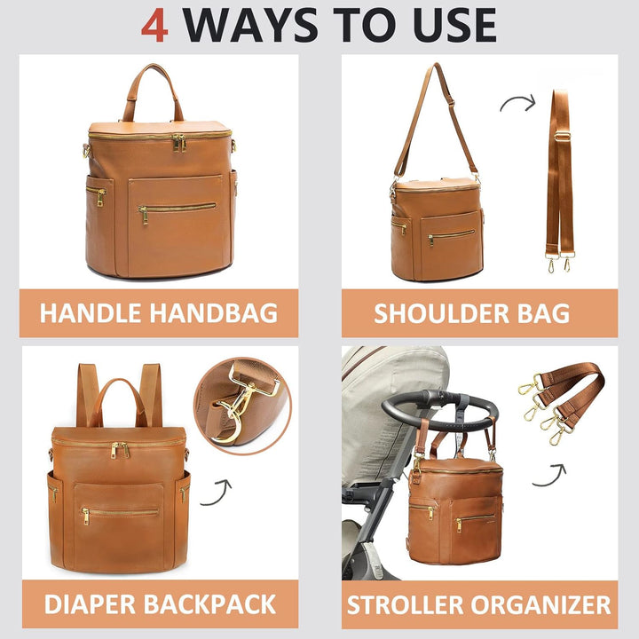Wickeltasche aus Leder, Wickelrucksack mit Laptophülle, Wickelunterlage, Feuchttüchern, Kinderwageng