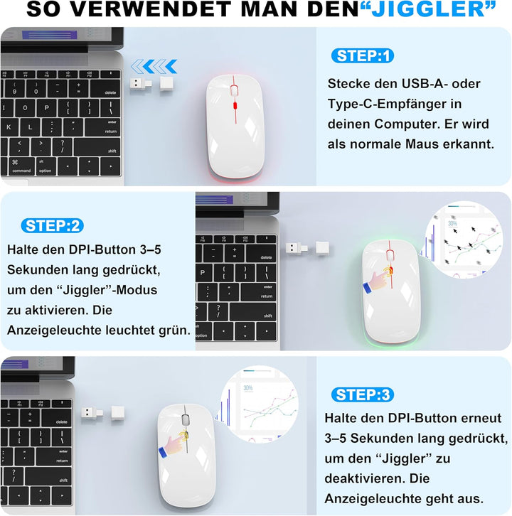 Azmall Kabellose Maus mit Jiggler-Modus – Bluetooth 5.2 & 2.4G Funk, für Laptop, PC, iOS, Android, i