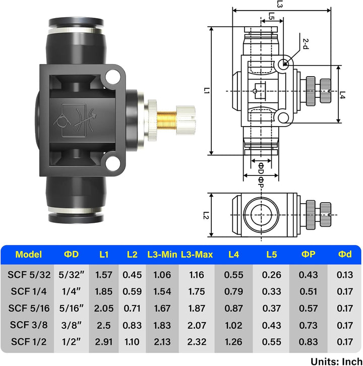 SCF-1/4 Luftstromregelventil mit Push-to-Connect-Armatur, Inline-Drehzahlregler, Union gerade – 1/4