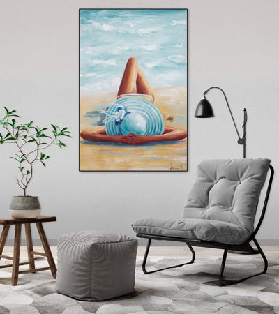 KunstLoft Leinwandbild | 100% HANDGEMALT | 60x90cm | Gemälde 'Beach Beauty' | Frau | Blau Beige | Wa