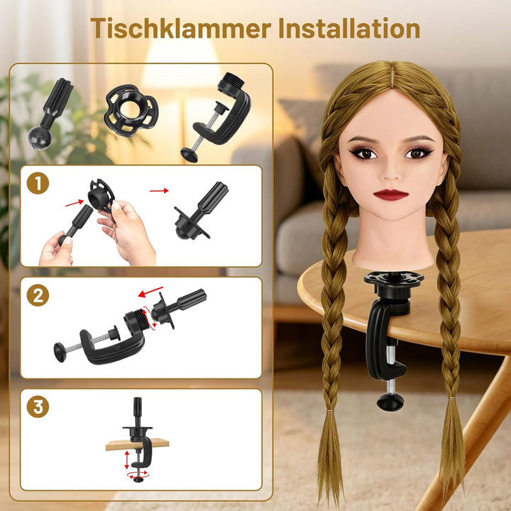 TwoWin Friseurkopf mit Haaren, 26 Zoll (66 cm) 80% Echthaar Mannequin Kopf, Make-up Übungskopf, Trai