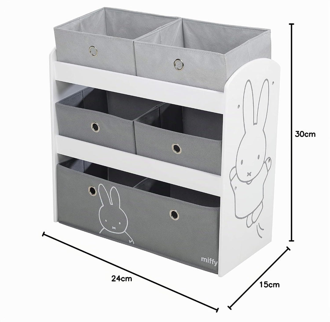 roba Spielregal miffy® - Spielzeugregal für Kinderzimmer mit 5 graue Boxen aus Stoff - Hasen Motiv -