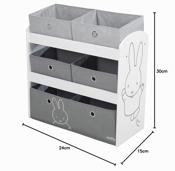 roba Spielregal miffy® - Spielzeugregal für Kinderzimmer mit 5 graue Boxen aus Stoff - Hasen Motiv -