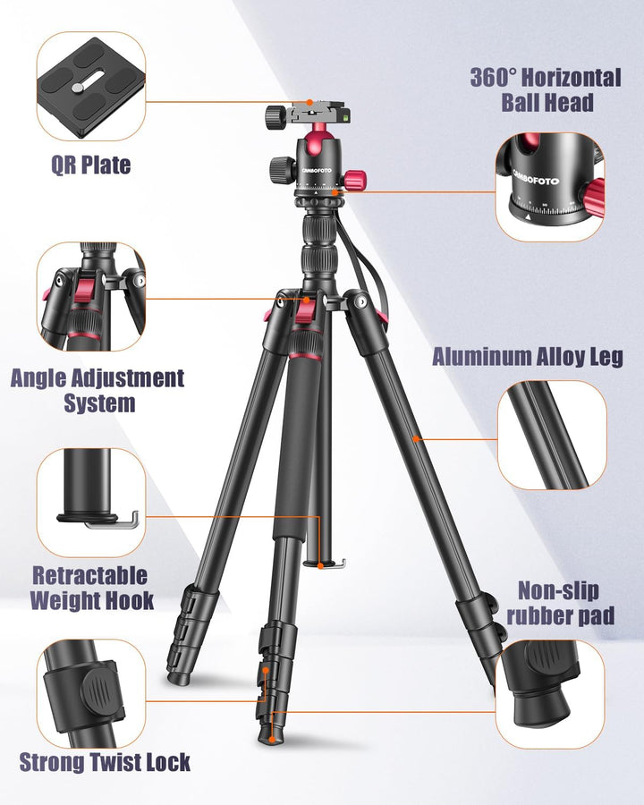 CAMBOFOTO 74'/188 cm Profi-Kamerastativ, tragbares Stativ 188 cm/Einbeinstativ 191 cm, 3/8\