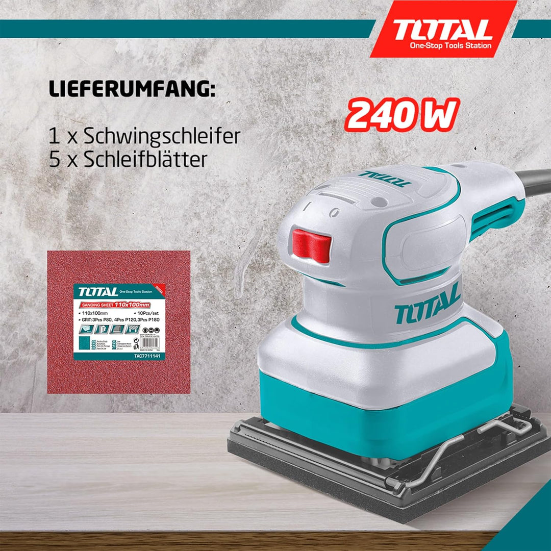 TOTAL - Kabelgebundener Handflächenschleifer | Inklusive 5 Schleifpapierblätter | Perfekt für grosse