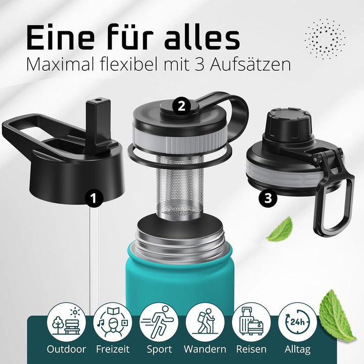 Trinkflasche Edelstahl ACTIVE FLASK + Strohhalm (3 Deckel) BPA-frei, Auslaufsicher, Kohlensäure geei