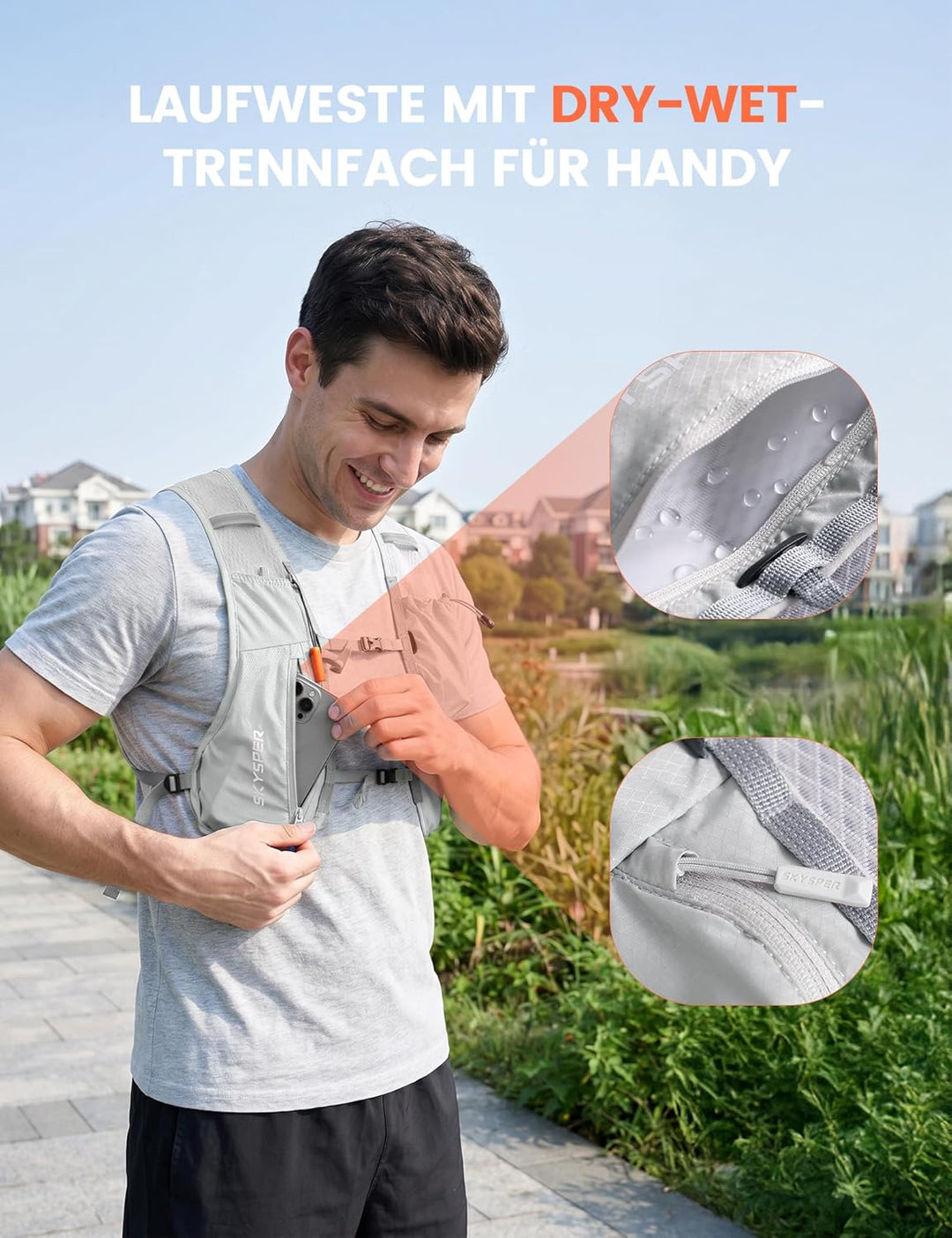 SKYSPER Laufweste für Damen Herren 12L Laufrucksack mit 500ml Trinkflasche Reflektierende Trinkweste