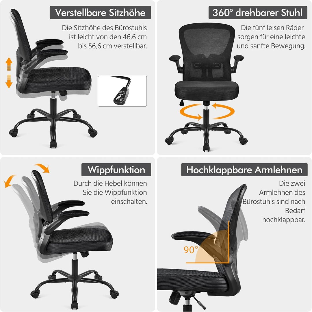 Yaheetech Bürostuhl mit hochklappbaren Armlehnen, Schreibtischstuhl mit erstellbaren Lendenwirbelstü