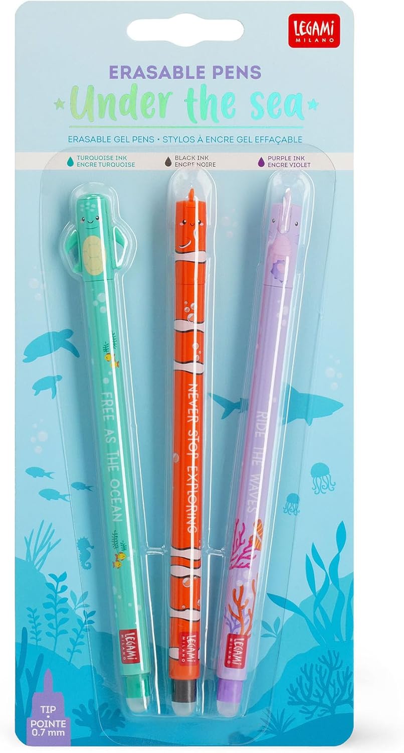 LEGAMI - 3er Set Gel Radierstifte, Unter dem Meer, Stifte mit radierbarer Tinte, Türkis, Schwarz, Li