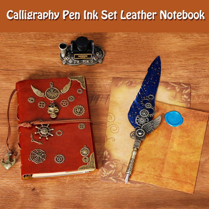 Schreibfeder Tinte Set Leder Notizbuch mit Quill Stift, 5 austauschbare Federn, Siegel Stempel, Löff
