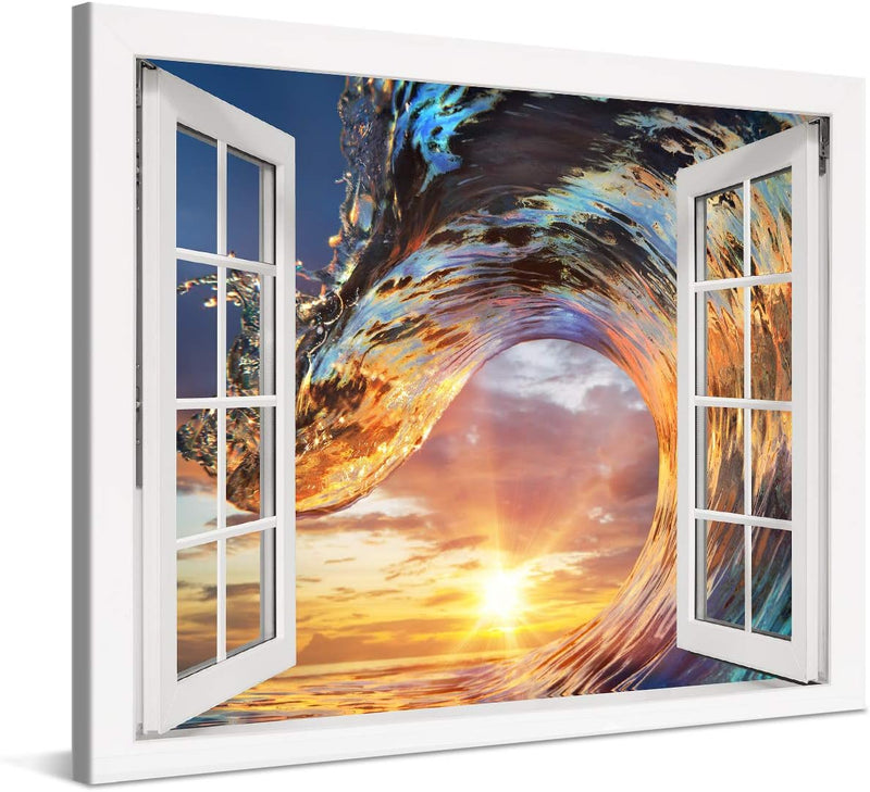 PICANOVA – Bild auf Leinwand Wellen-Sonnenuntergang Fenster 100x75cm – Leinwandbild – Premium Leinwa