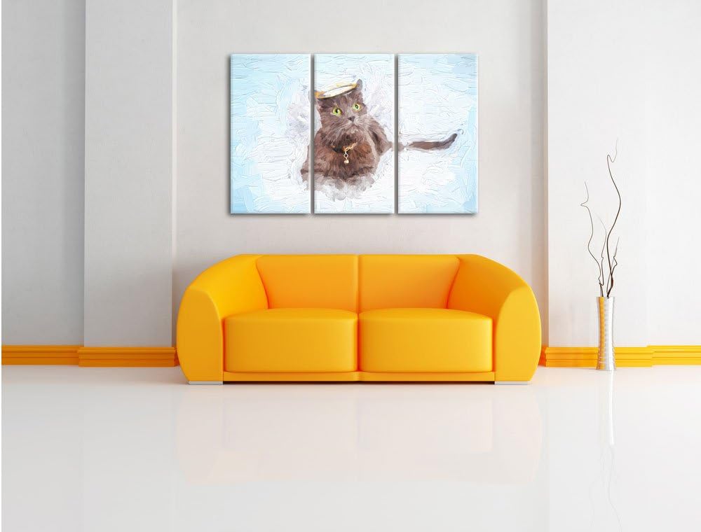 Pixxprint Katzen-Engel im Himmel / 3-Teilig/Gesamtmass 120cm Leinwandbild bespannt auf Holzrahmen/Wa