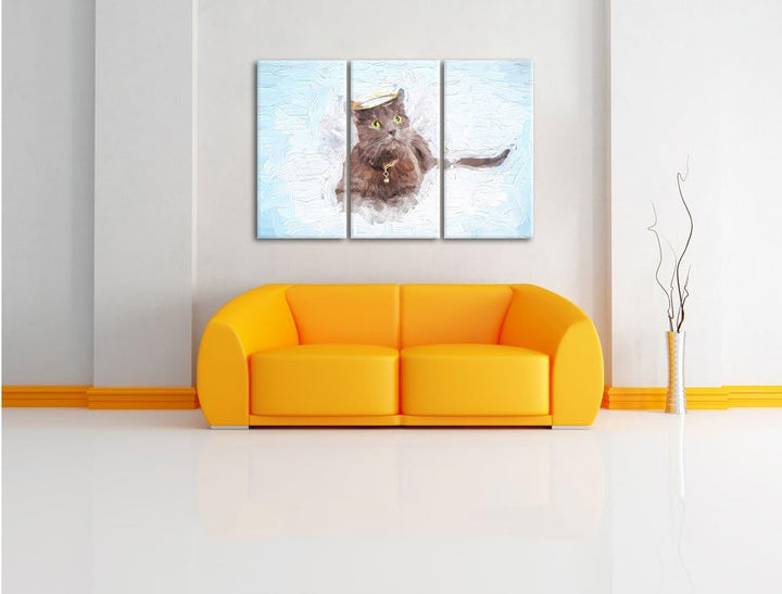 Pixxprint Katzen-Engel im Himmel / 3-Teilig/Gesamtmass 120cm Leinwandbild bespannt auf Holzrahmen/Wa