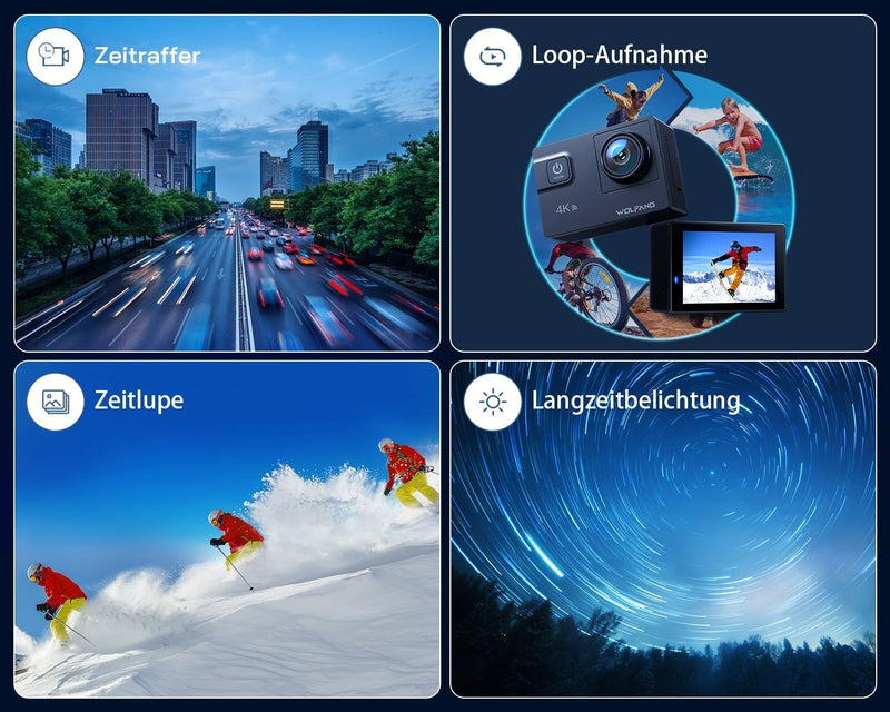 WOLFANG GA300 Action Cam 4K 60FPS Unterwasserkamera WiFi 40M wasserdichte 2.0 EIS Bildstabilisator T