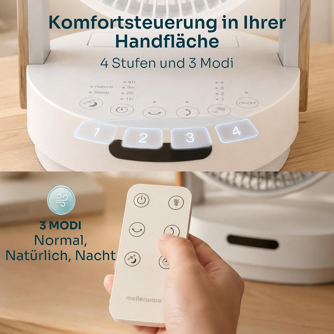 Mellerware Brizy Desk 360 Silence, leiser Tischventilator mit 360°-Oszillation, BLDC-Motor 20W, 4 Ge
