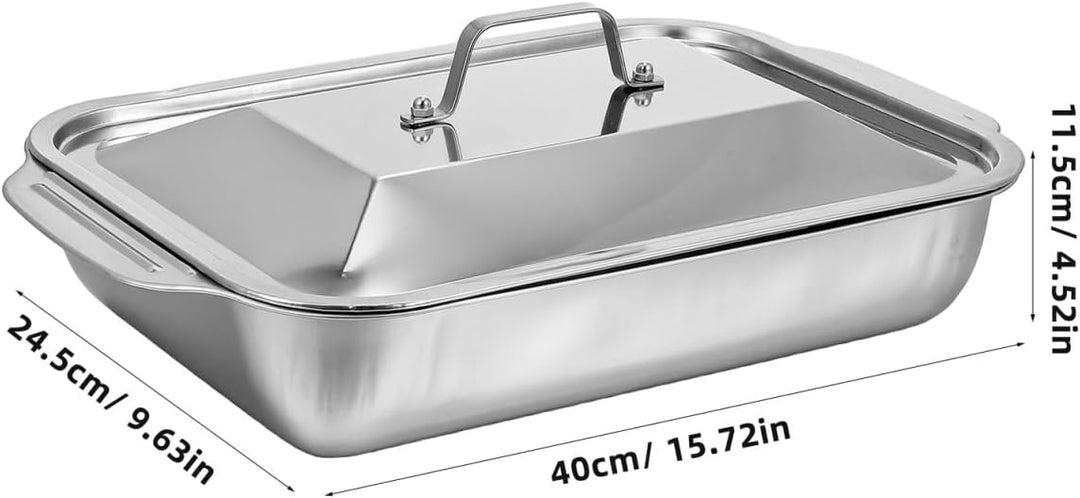 BESTYASH Edelstahl Backblech Mit Deckel Rechteckiger Bräter 15.7 Zoll Tiefes Grill- Und Serviergesch