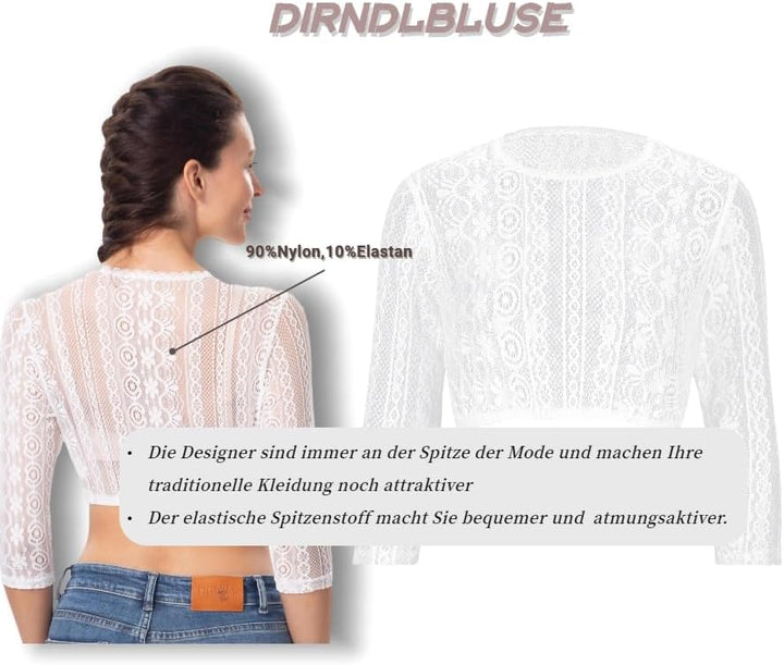 Dirndlwelle Spitze Dirndlbluse Langarm Dirndlbluse Damen Trachtenbluse Creme Dirndl Bluse Hochgeschl